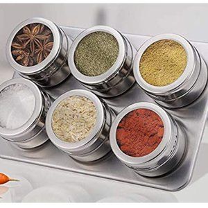 6 Pc Magnetic Herb Spice Kitchen Rack Tin Stainless Steel Jar With Holder Stand